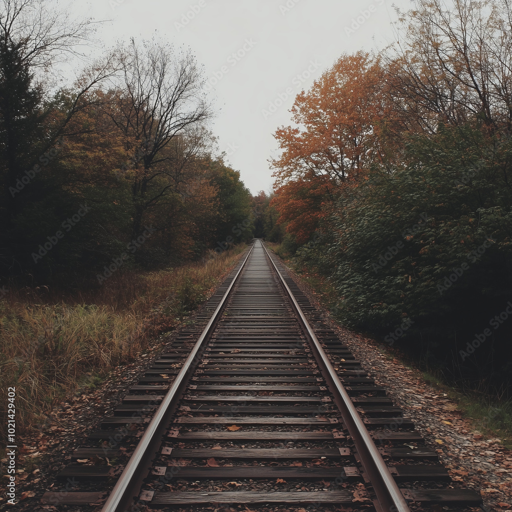 Fototapeta premium A long, straight train track disappears into the autumn forest.