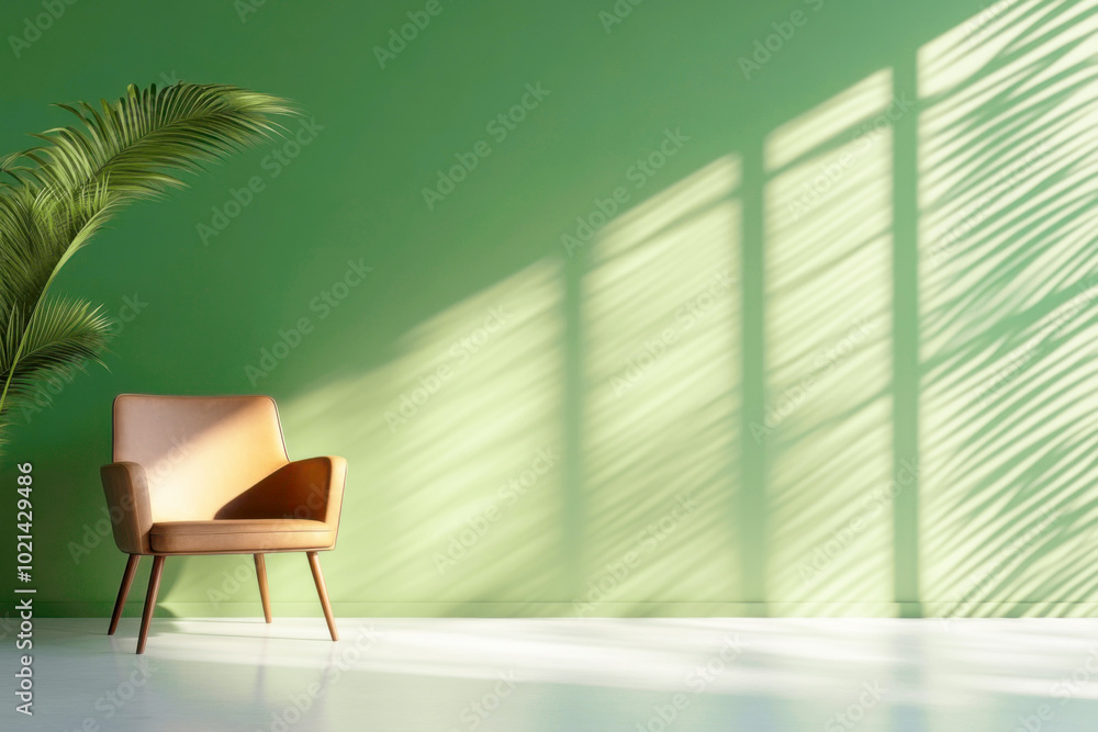 Fototapeta premium Minimalist living room with green wall and shadows featuring a cozy armchair and palm plant