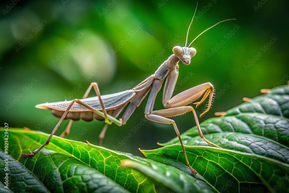 Gray Praying Mantis Camouflaged on Green Leaf in Nature, Highlighting Unique Features and Texture Gray Praying Mantis Camouflaged on Green Leaf in Nature, Highlighting Unique Features and Texture