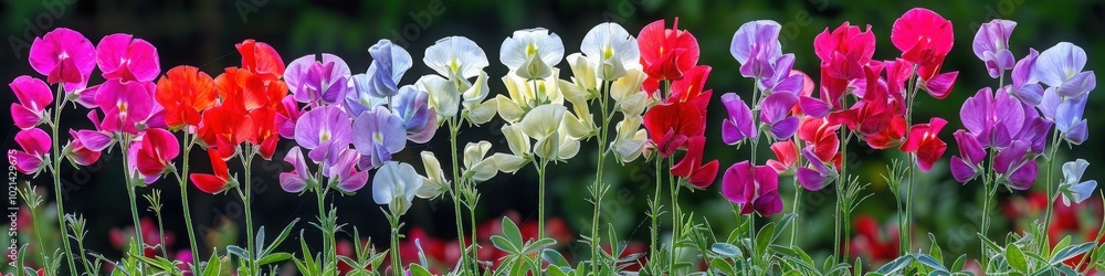 A row of colorful sweet pea flowers in full bloom, featuring a range of colors from red to purple, set against a green garden background.
A row of colorful sweet pea flowers in full bloom, featuring a range of colors from red to purple, set against a green garden background.