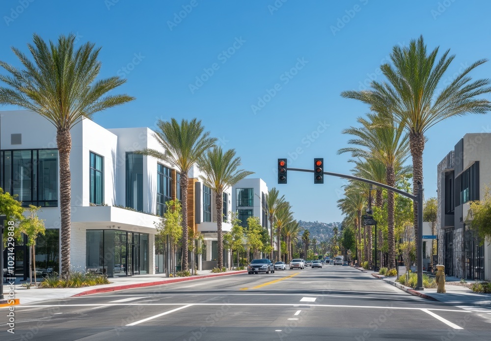 Obraz premium a city street in front of buildings and palm trees on both sides, in Los Angeles, California, on a sunny day The scene features a white building, commercial real estate Generative AI