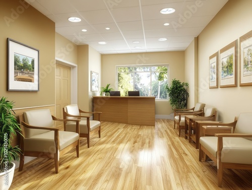 Beige walls, neutral-toned seating, and wooden floors in a minimalist waiting room, offering a warm and modern environment