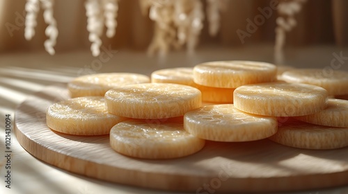 Several energy bars forming concentric circles on a soft beige surface, bars positioned at even intervals, minimalist layout, hd quality, soft natural lighting, gentle shadows for a floating effect,