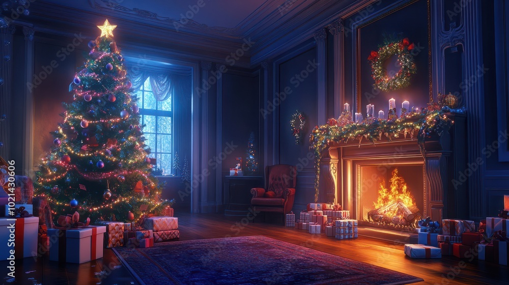 Fototapeta premium interior christmas. magic glowing tree, fireplace, gifts