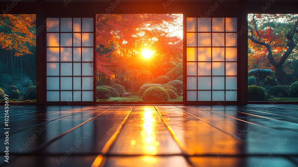 Sunset View Through Traditional Japanese Sliding Doors Illustration Sunset View Through Traditional Japanese Sliding Doors Illustration