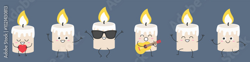 Candle character cartoon set greet jump love run sing smile happy joy cute vector illustration.