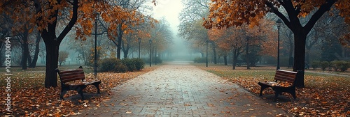 A fog-laden park path lined with autumn trees and benches offers a quiet retreat, creating an inviting atmosphere for contemplation and serene walks. photo