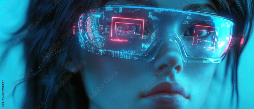A futuristic woman wearing high-tech glasses with neon digital displays. A futuristic woman wearing high-tech glasses with neon digital displays.