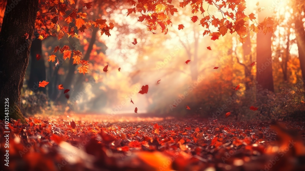 A Serene Autumn Pathway With Falling Leaves Illuminated by Warm Sunlight in a Tranquil Forest Setting A Serene Autumn Pathway With Falling Leaves Illuminated by Warm Sunlight in a Tranquil Forest Setting