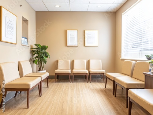 Beige walls, neutral-toned seating, and wooden floors in a minimalist waiting room, offering a warm and modern environment