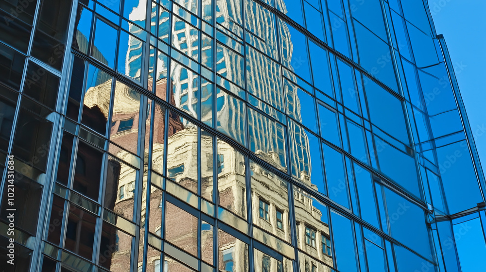 A skyscraper reflected in the glass facade of a modern building. A skyscraper reflected in the glass facade of a modern building.