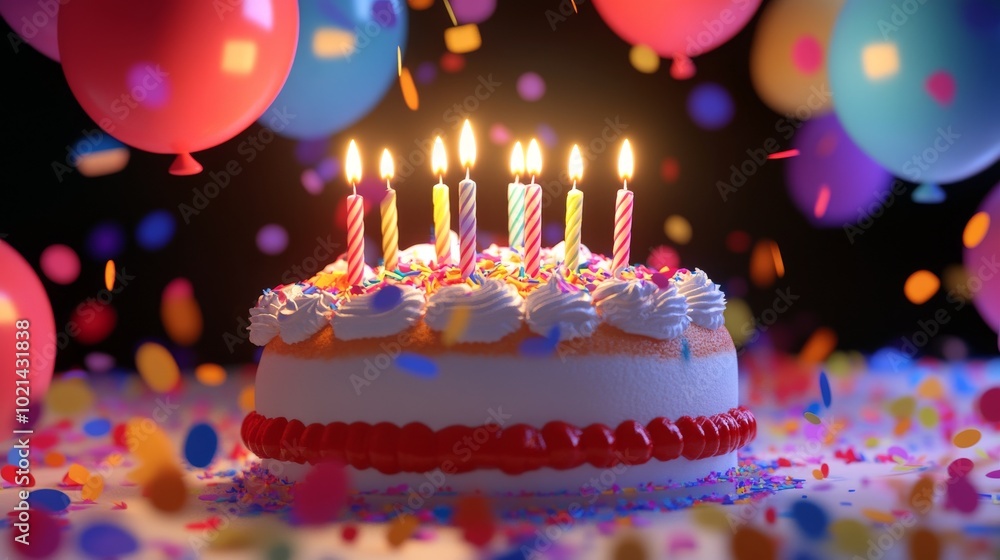 Cheerful birthday cake with candles and confetti Cheerful birthday cake with candles and confetti