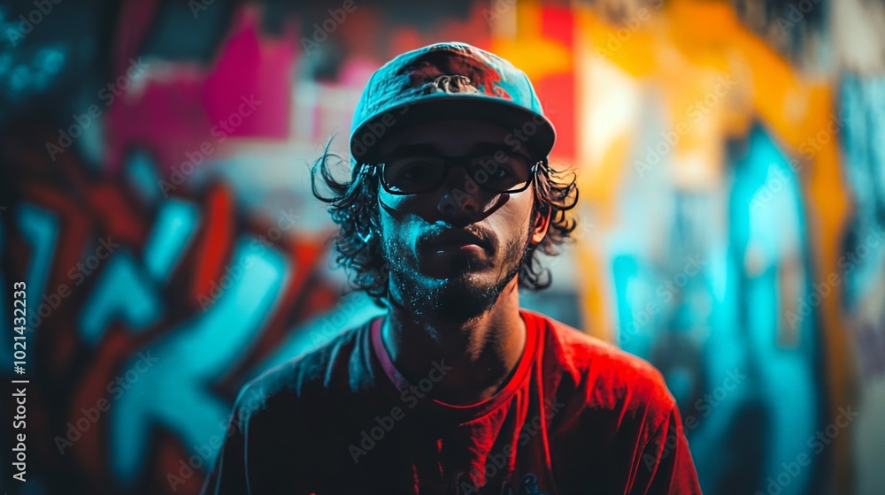 Graffiti artist in front of fresh mural under dim lighting Graffiti artist in front of fresh mural under dim lighting