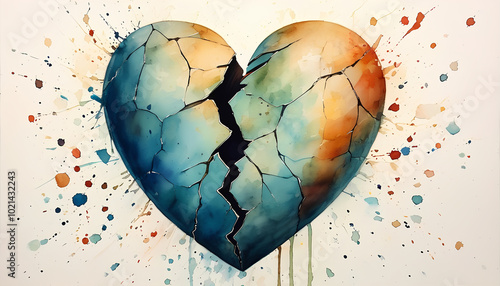A watercolor painting of a broken heart with cracks and drips, symbolizing pain and heartbreak