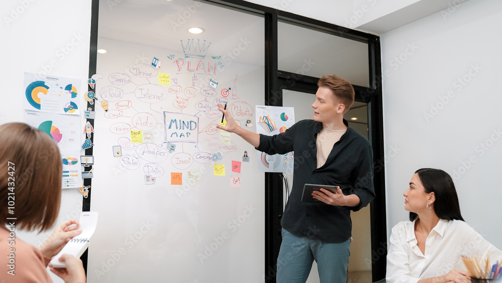 Professional male leader presents start up project by using mind map, colorful sticky notes and business statistic graph with confident while investor listening carefully. Immaculate. Professional male leader presents start up project by using mind map, colorful sticky notes and business statistic graph with confident while investor listening carefully. Immaculate.