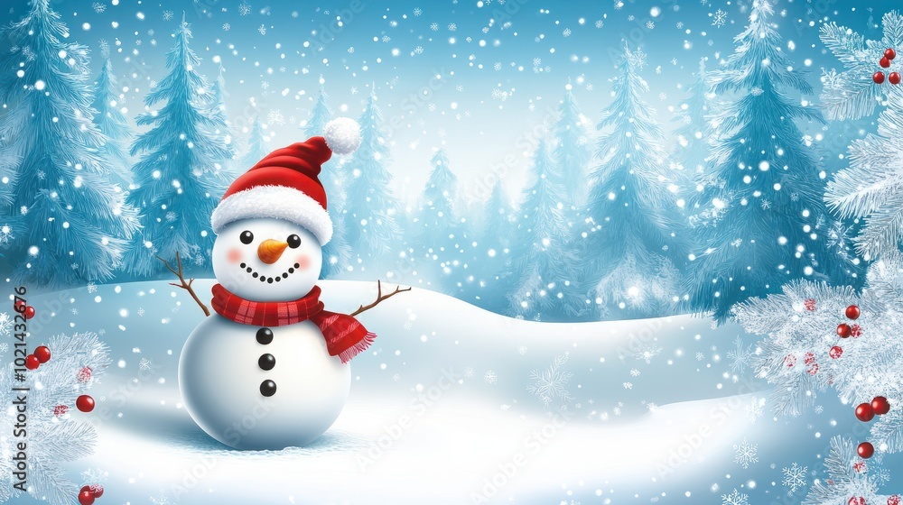 Merry christmas and happy new year greeting card with copy-space.Happy snowman standing in christmas landscape.Snow background.Winter fairytale. Merry christmas and happy new year greeting card with copy-space.Happy snowman standing in christmas landscape.Snow background.Winter fairytale.