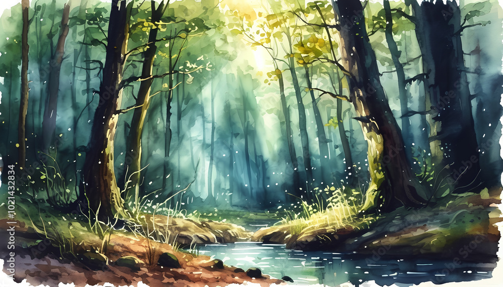 Obraz premium A watercolor painting of a sunlit forest with a winding stream, lush greenery, and ethereal light