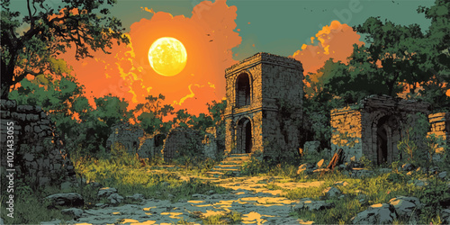 Vector illustration of an ancient Mayan ruin stands amidst dense vegetation, with a glowing moon illuminating the scene, creating an eerie yet beautiful atmosphere at twilight