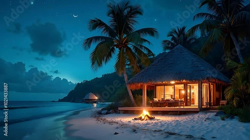Tropical Beach Hut with Fire Pit under Starry Night Sky