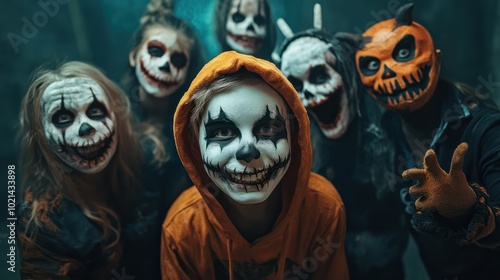 Portrait of Young Smiling People in Scary Costumes