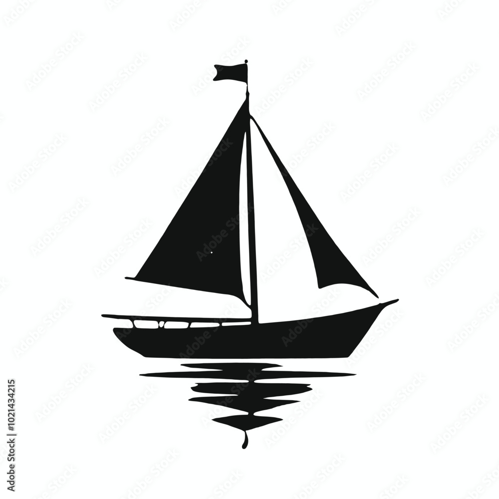 A black silhouette of a sailboat with a tall mast and billowing sails, floating on calm waters with birds flying overhead A black silhouette of a sailboat with a tall mast and billowing sails, floating on calm waters with birds flying overhead