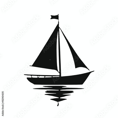 A black silhouette of a sailboat with a tall mast and billowing sails, floating on calm waters with birds flying overhead 