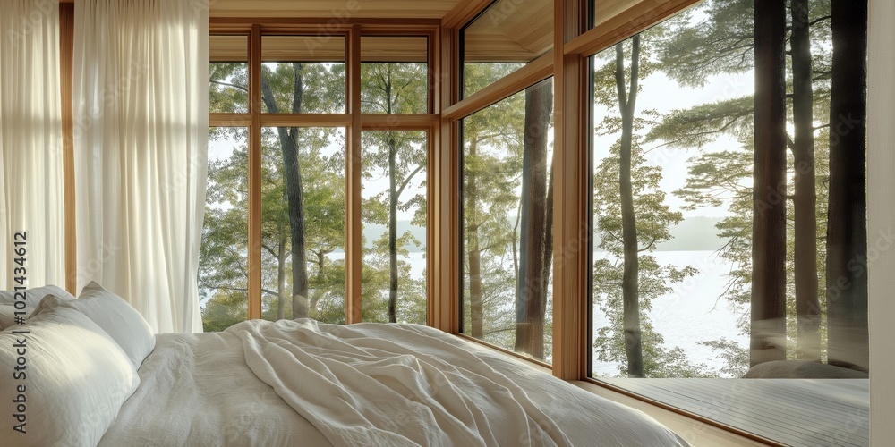 A serene luxury bedroom featuring crisp white linens and large windows overlooking a forest. A serene luxury bedroom featuring crisp white linens and large windows overlooking a forest.