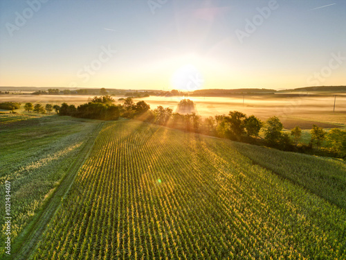 Sonnenaufgang über Schweinfurt mit Nebelschleiern, Nebel über den Feldern, mit einem Bach und Bäumen und die aufgehende Sonne am Horizont, Drohnenfoto, Luftaufnahme, Schweinfurt, Bayern, Deutschland	
