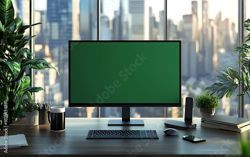 A modern office workspace featuring a large monitor with a green screen, surrounded by plants and showcasing a city view through glass windows.