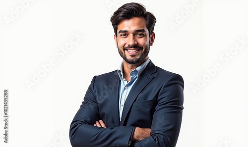 A confident young businessman showcasing a welcoming smile, dressed in a professional suit, perfect for corporate, marketing, or career related themes. photo