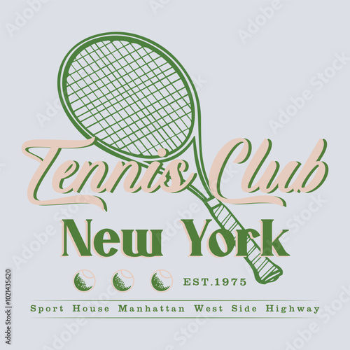 Vintage artwork for sportswear. Tennis club vector t-shirt design. New York tennis league graphic print design. Racket tournament. Tennis college league. Retro varsity tennis logos prints.