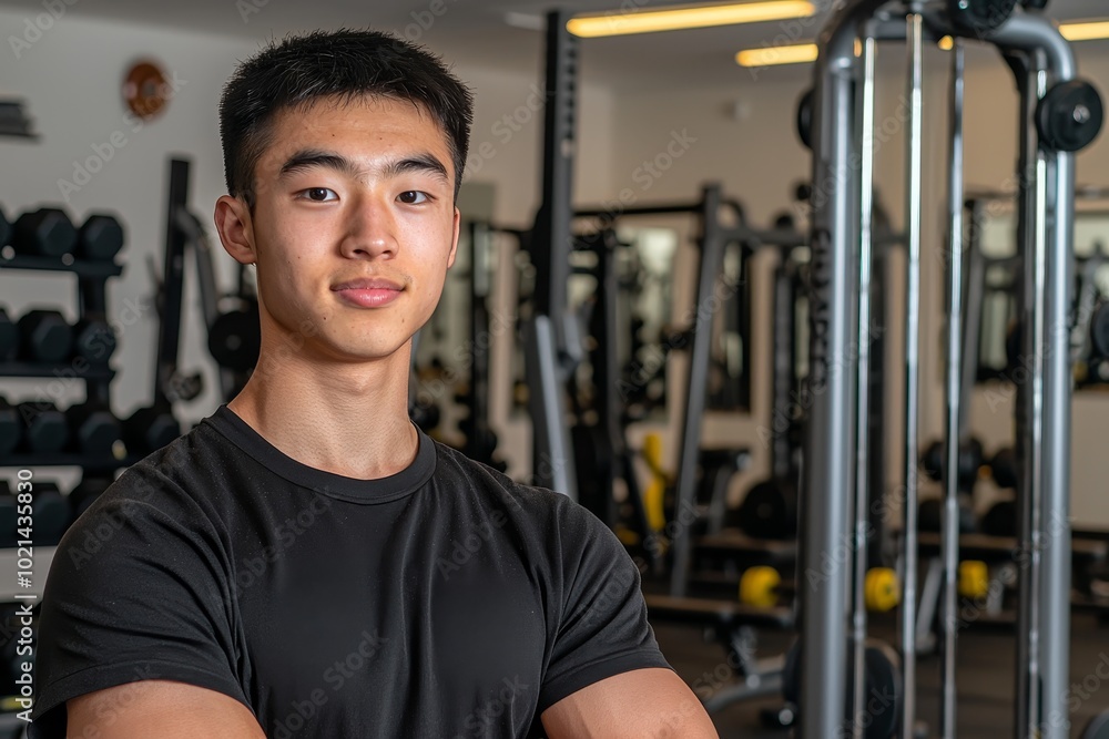 Confident Asian Man in Gym Closeup Portrait with Fitness Equipment, Serene Determination in Workout Surroundings Fitness Lifestyle Concept Confident Asian Man in Gym Closeup Portrait with Fitness Equipment, Serene Determination in Workout Surroundings Fitness Lifestyle Concept
