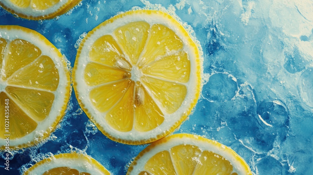 Bright yellow lemon slices on a blue backdrop Bright yellow lemon slices on a blue backdrop