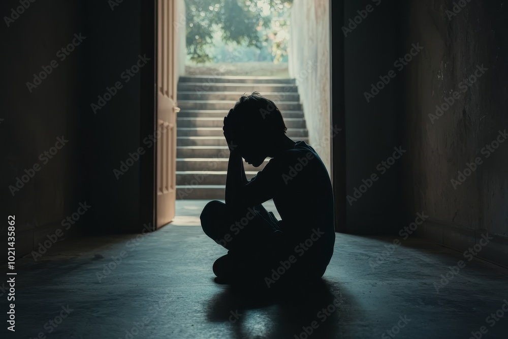 Solitary Contemplation Silhouetted Figure in Dim Hallway, Introspective Mood Solitary Contemplation Silhouetted Figure in Dim Hallway, Introspective Mood