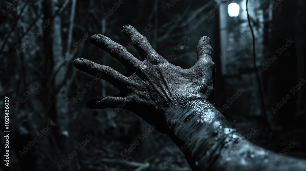 A dark, eerie hand reaching out from a shadowy forest background. A dark, eerie hand reaching out from a shadowy forest background.