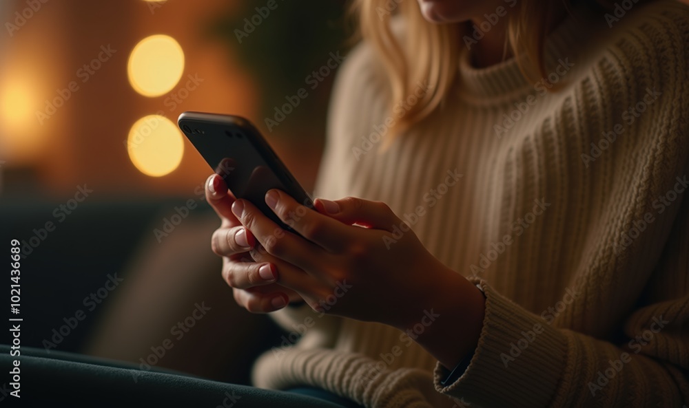 A cozy and intimate close up of a woman using her smartphone, illuminated by warm lights, perfect for themes of communication, technology, and lifestyle. A cozy and intimate close up of a woman using her smartphone, illuminated by warm lights, perfect for themes of communication, technology, and lifestyle.