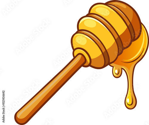 Vector illustration of a bee wooden honey spoon with a drop of liquid, cartoon-style honey dipper dripping with golden honey, outline, and icon.