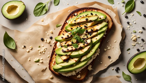 Avocado and grilled haloumi cheese toast with nigella and sesame seeds on crumpled paper. healthy breakfast
 photo