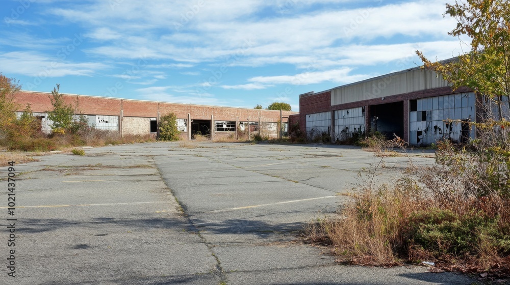Abandoned Industrial Building with Cracked Asphalt and Overgrown Vegetation Abandoned Industrial Building with Cracked Asphalt and Overgrown Vegetation