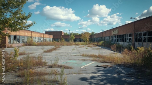 Overgrown Parking Lot in Front of Abandoned Brick Buildings