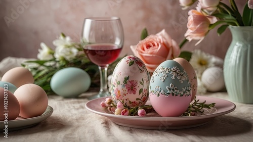 Charming Easter Table with Flowers and Painted Eggs