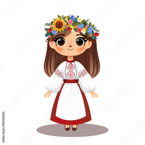 Cute Ukrainian Girl in Traditional Costume with Floral Wreath and Embroidered Shirt