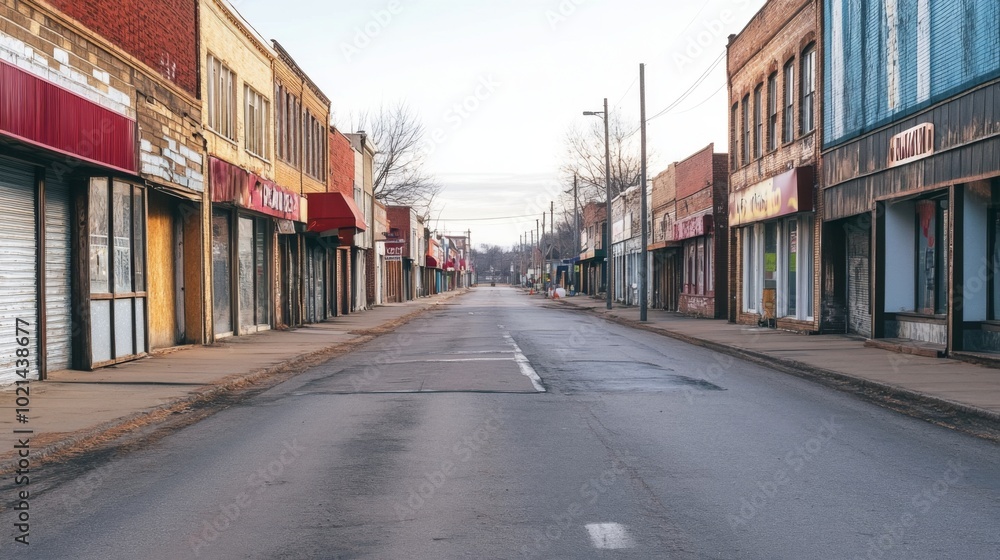 Fototapeta premium Empty Street Lined With Abandoned Brick Buildings