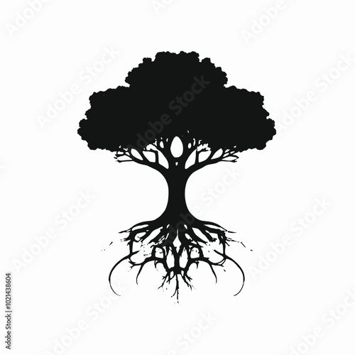 A black silhouette of a tree with a large, spreading canopy and intricate 