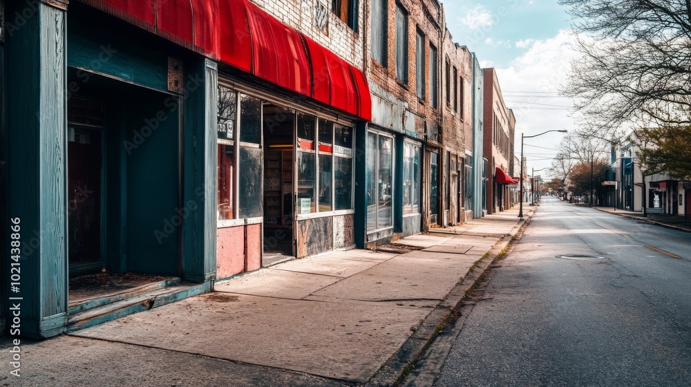 Fototapeta premium Empty storefronts with red awning on a quiet street