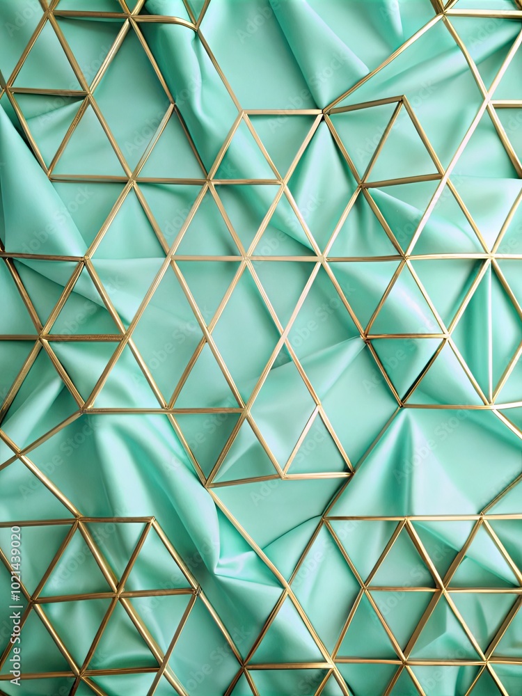 Fotografie Triangular geometric design with gold accents on a green surface.