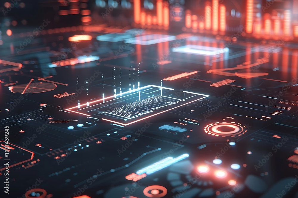 A digital rendering of a futuristic financial interface with floating holographic data analytics and interactive graphs A digital rendering of a futuristic financial interface with floating holographic data analytics and interactive graphs