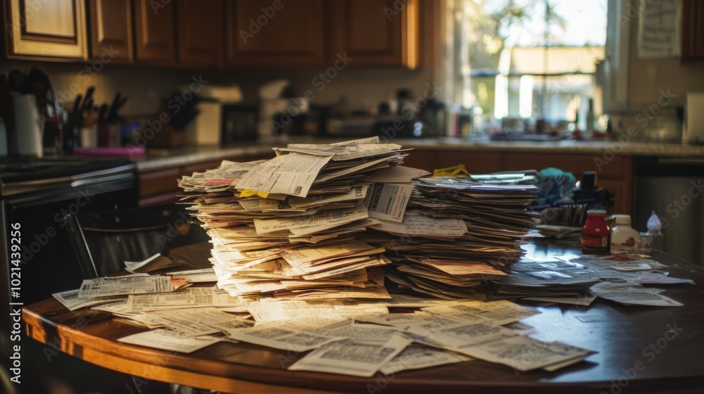 A Pile of Papers on a Wooden Table in a Kitchen A Pile of Papers on a Wooden Table in a Kitchen