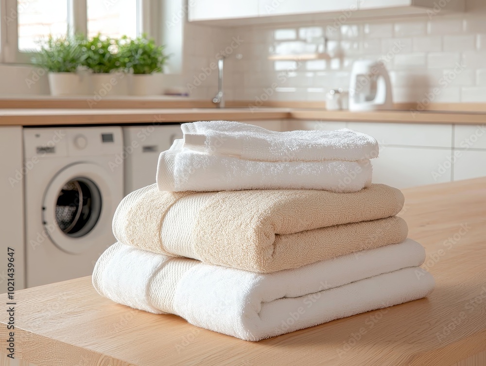 Tranquil Towels Stack on Wooden Counter in Modern Kitchen - Relaxing Home Decor Concept Tranquil Towels Stack on Wooden Counter in Modern Kitchen - Relaxing Home Decor Concept