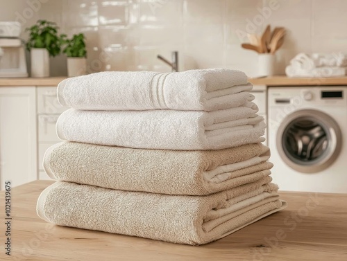 Soft Cotton Bliss Closeup Stack of White and Beige Towels on Wooden Table, Tranquil Home Decor Concept photo